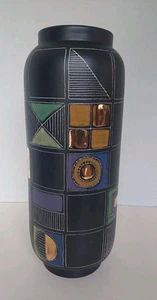 Global Views Script Black Multicolor Abstract Pottery Vase Italy Sm 12" x 4.75" - Picture 1 of 9