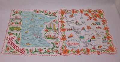 Pañuelos estatales de algodón vintage de los años 50 y 60 California Minnesota  Foto 1 de 4