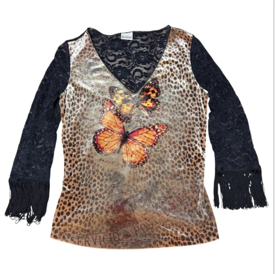 Blusa Y2k Love Amour Feminina Borboleta Renda Franja Tamanho M/2 Pequena Fada Caprichosa - Imagem 1 de 4