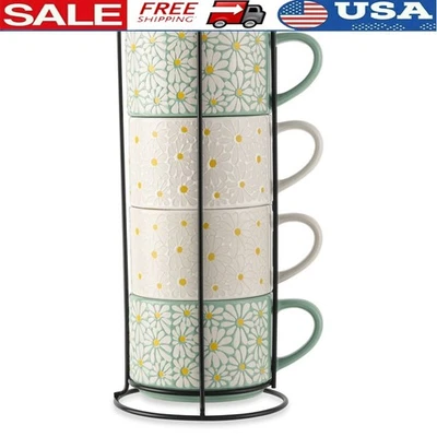 4-Упаковка укладки цветочные кружки керамики набор с металлической стойкой микроволновой печи безопасный новый - Изображение 1 из 4