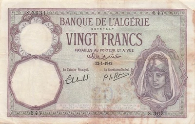 Algeria  20  Francs  22.1.1942  Series  S  Circulated Banknote IJ 8 - Image 1 of 2