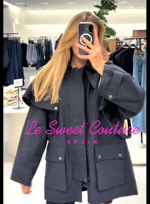 ZARA WOMAN NWT FW25 HOODED CONTRAST LAPEL TRENCH COAT NAVY BLUE 3811/246/407 - Image 1 of 3