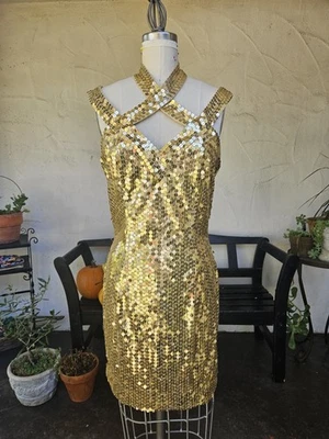 Vestido Vintage Niteline Dorado Lentejuelas Detalle de Correa Talla 6 Brillante Disco Fiesta Vestido Foto 1 de 4