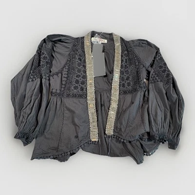 Free People 黑色茉莉花装饰刺绣上衣开衫夹克小号 — 第 1/4 张图片