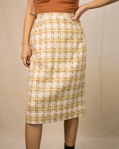 Classic 40s Plaid Wool Skirt | Tan/Cream/Brown | Size 22W-23W | Elegantly Lined - Picture 1 of 7