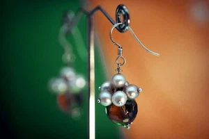 Vintage 925 Solid Silver Quartz Cultured Pearl Long Drop Dangle Earrings 9.41g - Picture 1 of 12