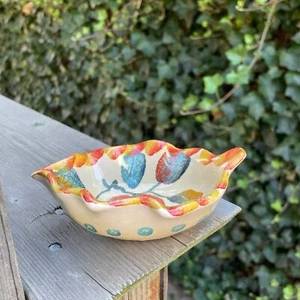 5" Leaf Shape Ceramic Italy Yellow & Orange w Leaves Small Terra Cotta Bowl - Imagen 1 de 5
