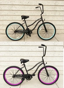 24" Lady's Beach Cruiser Bike Matte Black w/Green or Purple Rim OR All Black - Picture 1 of 4