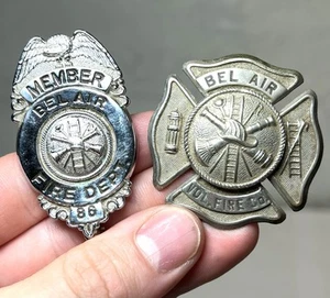 Pair Of Vintage Obsolete Fire Department Badge Bel Air Vol Maryland Antique - Picture 1 of 5