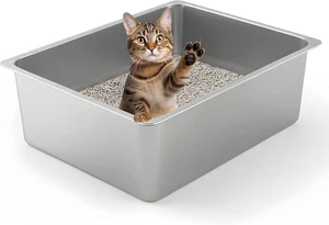 Caja de arena para gatos de acero inoxidable de metal de lados altos para gatos caja grande de acero inoxidable - Imagen 1 de 12