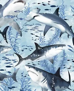 Fabric Sharks Blue Gray Ocean Cotton TIMELESS TREASURES by the 1/4 yard 7980 - Picture 1 of 3