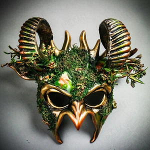 Halloween Demon Forest Devil Satan with Horns Masquerade Party Mask - Black Gold - Picture 1 of 7