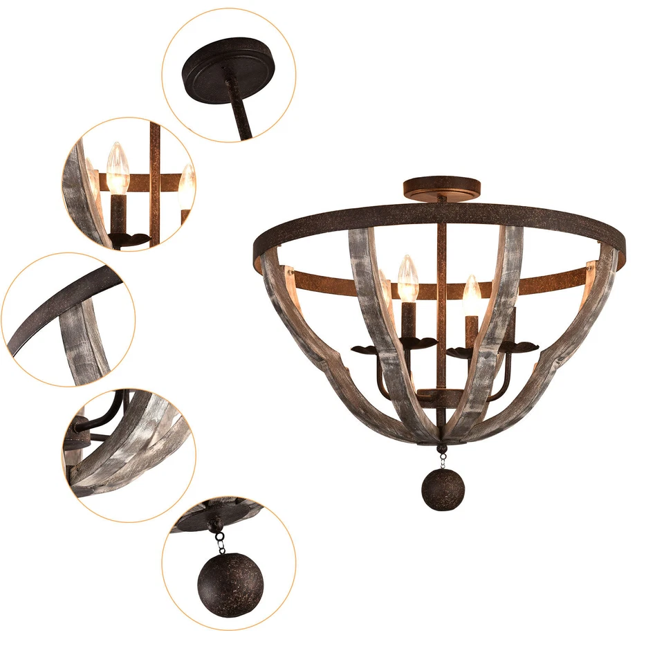 Farmhouse Rustic Chandelier 4 Light Ceiling Lamp Pendant Fixture Wood Texture Foto 1 de 4