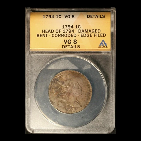 1794 1c Liberty Cap Large Cent Head of 1794 ANACS VG8 Details - Free Ship USA Cover