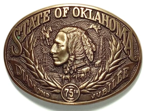 STATE OF OKLAHOMA 75TH DIAMOND JUBILEE 1ST EDITION BRASS BELT BUCKLE. 4X2 3/4 In - Picture 1 of 3