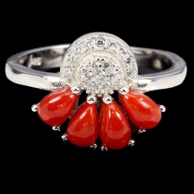 925 Anello Argento Sterling Pera Arancione Corallo Italy Naturale Gemma Gioielli - Immagine 1 di 4