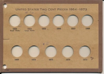 Tablero de monedas Wayte Raymond No. 355 piezas de dos centavos de Estados Unidos 1864-1873 Foto 1 de 2