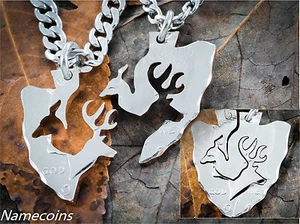 Couples Arrowhead Necklaces, Buck and Doe interlocking deer cut from coin - Picture 1 of 7