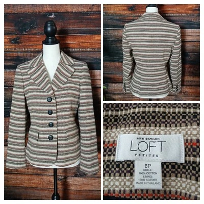 Blazer Ann Taylor LOFT Talla 6P 6 Pequeño Algodón Tejido Tweed Chaqueta Forrada a Rayas  Foto 1 de 4