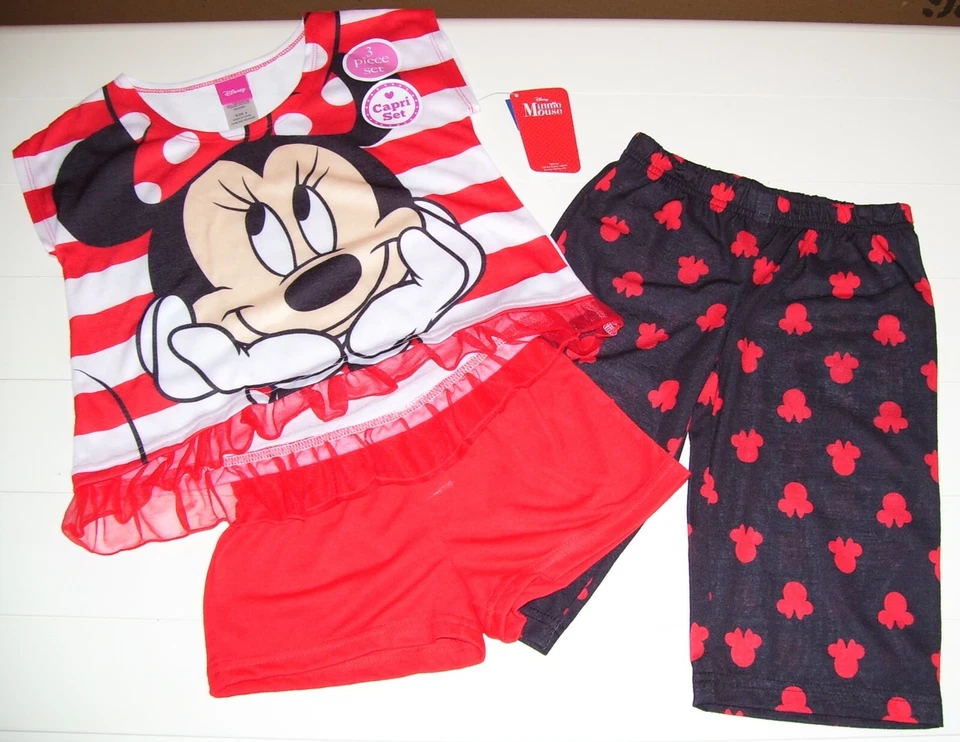 Conjunto de pijama Capri shorts camisa Minnie Mouse meninas Disney 3 peças tamanho 4  - Imagem 1 de 2