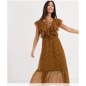 Vila x ASOS Petite Maxikleid mit Rüschen - Größe S (Petite) Braun Blumenmuster Neu - Bild 1 von 7