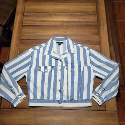 Forever 21 Crop Blue & White Stripe Denim Jacket - Size Medium - Image 1 of 4