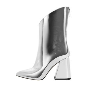 Women's Pointed Toe Metallic Leather Chunky Heel Ankle Boots Zip up Booties US10