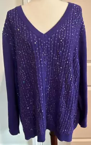 Quacker Factory 3X Purple Sweater V Neck Embellished Sequins NEW w/Tag Long Slv - Picture 1 of 13