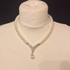 Pearl and Cubic Zirconia Pendant Necklace, Cream. Statement, bridesmaid,