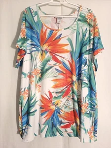 Catherines-White Orange Green Blue Floral Embellished Short Sleeve Knit Top-1X - Picture 1 of 5