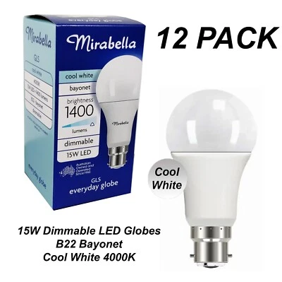 12 x 15W Dimmable LED Light Globes Bulbs Lamps Cool White B22 Bayonet - 1400Lm - Image 1 of 4