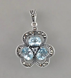 9923445 D'Argento Topazio Blu Marcasite Rimorchio Fiori 925er Argento 2,5 x - Foto 1 di 3