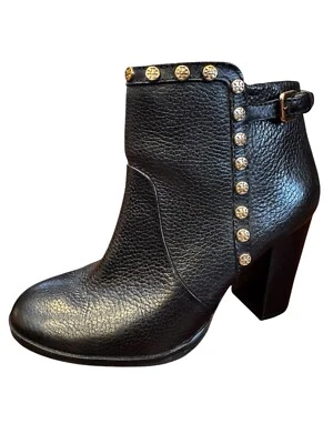 Botín Tory Burch Mae Talla 6M Cuero Negro Dorado Tachonado Logo Cremallera Lateral Tacón Bloque Foto 1 de 4