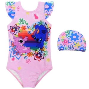 Girls Lilo&Stitch Cartoon Rash Guard 2 Pieces Swimsuits Hat Set UPF 50+ Swimwear - Picture 1 of 19
