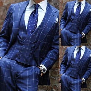 Royal Blue 3 Pieces Men Suits Plaid Wedding Groom Slim Fit Business Formal Party - Picture 1 of 6