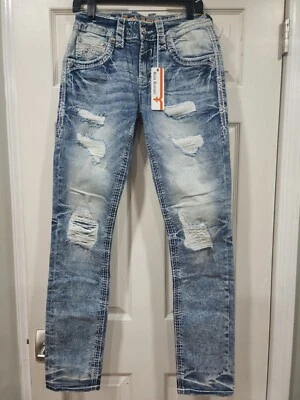 Pantalones de mezclilla Rock Revival Pritchard de pierna recta con cuero y parches, para hombre talla 28x32 Foto 1 de 4