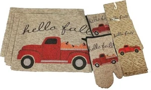 8 Pc Hello Fall Vintage Red Truck Kitchen Set - Towels Potholder Mitt Placemats - Picture 1 of 2