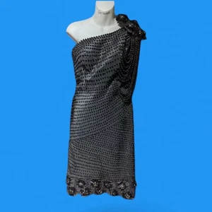 MUSANI GOLD Couture Vestido Negro Cuentas 1 Hombro Lentejuelas Flor Ramillete 14 L Cl - Imagen 1 de 18