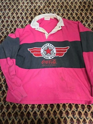 rare Coca Cola Shirt Pink black White Vintage Spell Out Logo Rugby Polo Flyer - Image 1 of 4