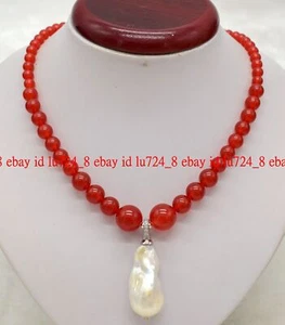 Beautiful 6-14mm Red Jade Round Gems Beads Baroque Pearl Pendant Necklace 18'' - Picture 1 of 12