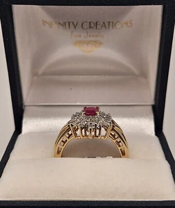 14K Yellow Gold Ballerina Ring, 0.68ct Emerald Cut AA Ruby, 34 Diamonds (0.50ct) - Picture 1 of 2