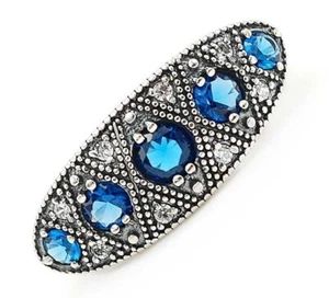 1CT Treated Sapphire & Aquamarine 925 Genuine Sterling Silver Art Deco Ring Sz 7 - Picture 1 of 3