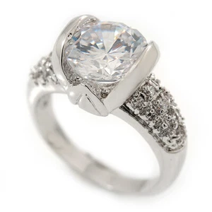 Rhodinierter Solitärring mit halblünettenbesetzt CZ Kristall "Imentett" - Rundschliff - Bild 1 von 4