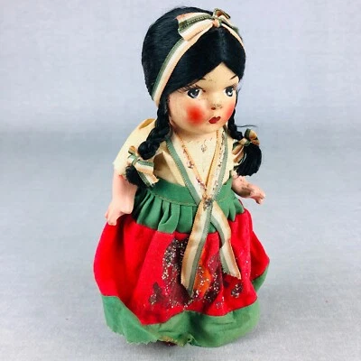 VTG Girl Doll Mexican composition in native dress Black hair braids Souvenir 8" - Image 1 of 4