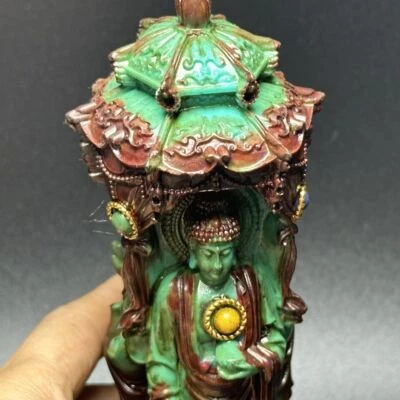 Adorno vintage turquesa de tres caras con incrustación de gema tallada de Buda coleccionable Foto 1 de 4
