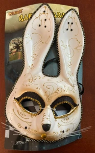 Rare Venetian White Rabbit Mask Fabric Lined-One Size-Black/Gold NEW - Picture 1 of 4