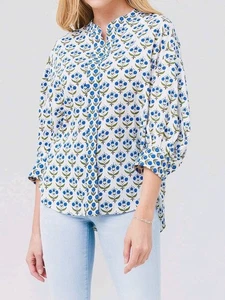 Blusa MISA Los Angeles S Floral Azul Algodón Rayón Campesino Cuello Mandarín Top  - Imagen 1 de 19