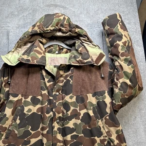 Camel Goose Down Parka Men’s XXL Camo Hunting Jacket Korea Made Elbow Patches - Picture 1 of 17