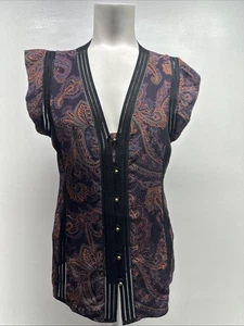 Blusa Barba Verónica Top Sin Mangas Camisa Botón Seda Paisley Floral Negra 6 - Imagen 1 de 8
