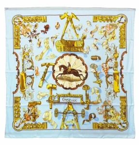 HERMES 90 Seidentuch Copeaux Caty Latham hellblau mit Etikett Karton gebraucht. - Bild 1 von 6